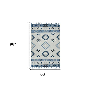 HomeRoots 5' Handmade Wool Flatweave Area Rug in Sky Blue, Gray, and Black – Tribal Design with Fringe 5' X 8' 571084