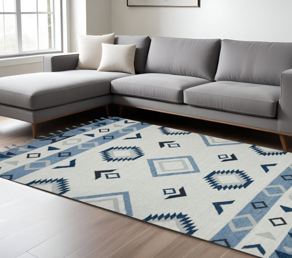 HomeRoots 5' Handmade Wool Flatweave Area Rug in Sky Blue, Gray, and Black – Tribal Design with Fringe 8' X 10' 571085