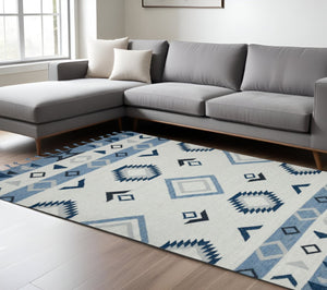 HomeRoots 5' Handmade Wool Flatweave Area Rug in Sky Blue, Gray, and Black – Tribal Design with Fringe 8' X 10' 571085
