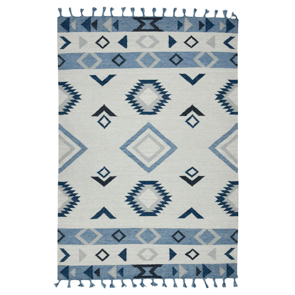 HomeRoots 5' Handmade Wool Flatweave Area Rug in Sky Blue, Gray, and Black – Tribal Design with Fringe 8' X 10' 571085