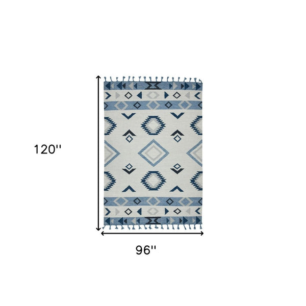HomeRoots 5' Handmade Wool Flatweave Area Rug in Sky Blue, Gray, and Black – Tribal Design with Fringe 8' X 10' 571085