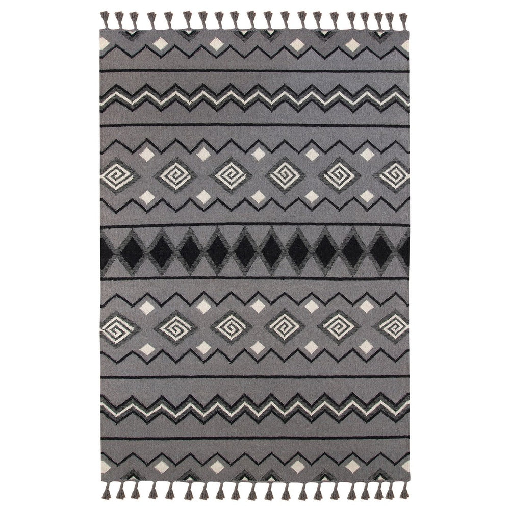 HomeRoots 5' Gray White and Black Wool Tribal Handmade Area Rug - Artisan Flatweave with Fringe Design 5' X 8' 571088