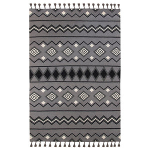 HomeRoots 5' Gray White and Black Wool Tribal Handmade Area Rug - Artisan Flatweave with Fringe Design 5' X 8' 571088