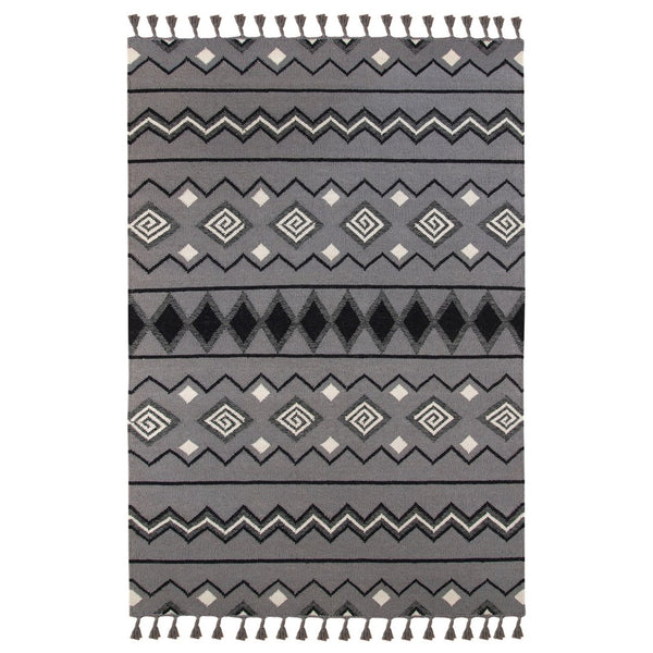 HomeRoots 5' Gray White and Black Wool Tribal Handmade Area Rug - Artisan Flatweave with Fringe Design 5' X 8' 571088