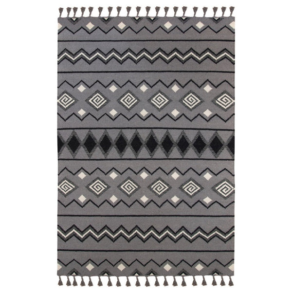 HomeRoots 5' Gray White and Black Wool Tribal Handmade Area Rug - Artisan Flatweave with Fringe Design 5' X 8' 571088