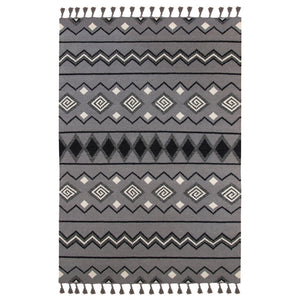 HomeRoots 5' Gray White and Black Wool Tribal Handmade Area Rug - Artisan Flatweave with Fringe Design 8' X 10' 571089