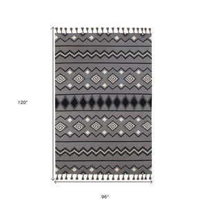 HomeRoots 5' Gray White and Black Wool Tribal Handmade Area Rug - Artisan Flatweave with Fringe Design 8' X 10' 571089
