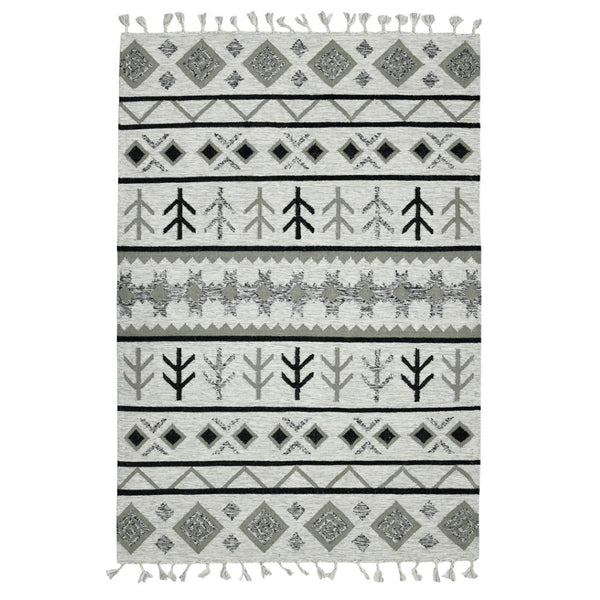 HomeRoots 5' Handmade Wool Tribal Area Rug in Ivory, Gray, and Black - Artisanal Flatweave with Fringe 5' X 8' 571096