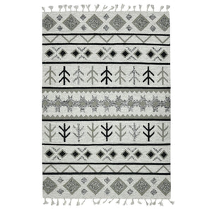 HomeRoots 5' Handmade Wool Tribal Area Rug in Ivory, Gray, and Black - Artisanal Flatweave with Fringe 5' X 8' 571096