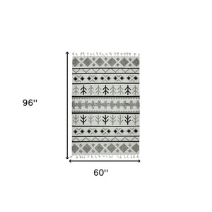HomeRoots 5' Handmade Wool Tribal Area Rug in Ivory, Gray, and Black - Artisanal Flatweave with Fringe 5' X 8' 571096