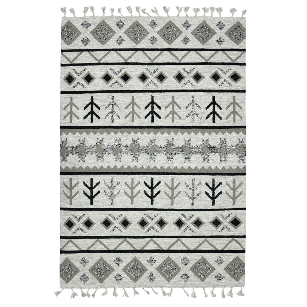 HomeRoots 5' Handmade Wool Tribal Area Rug in Ivory, Gray, and Black - Artisanal Flatweave with Fringe 8' X 10' 571097