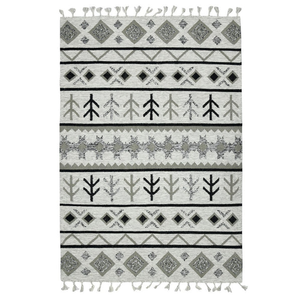 HomeRoots 5' Handmade Wool Tribal Area Rug in Ivory, Gray, and Black - Artisanal Flatweave with Fringe 8' X 10' 571097
