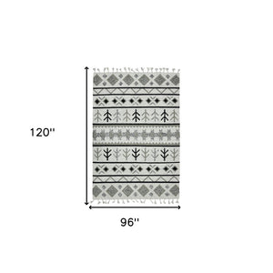 HomeRoots 5' Handmade Wool Tribal Area Rug in Ivory, Gray, and Black - Artisanal Flatweave with Fringe 8' X 10' 571097