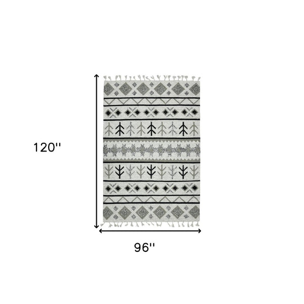 HomeRoots 5' Handmade Wool Tribal Area Rug in Ivory, Gray, and Black - Artisanal Flatweave with Fringe 8' X 10' 571097