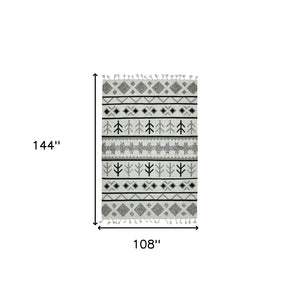 HomeRoots 5' Handmade Wool Tribal Area Rug in Ivory, Gray, and Black - Artisanal Flatweave with Fringe 9' X 12' 571098