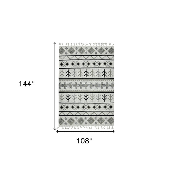 HomeRoots 5' Handmade Wool Tribal Area Rug in Ivory, Gray, and Black - Artisanal Flatweave with Fringe 9' X 12' 571098