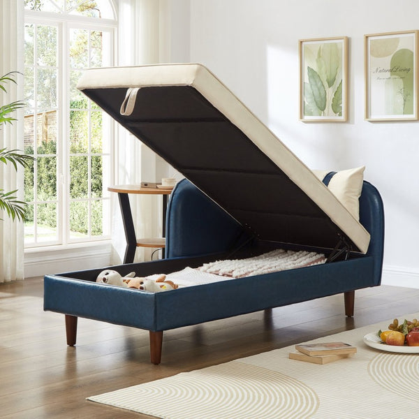 English Elm 65" Velvet Storage Chaise Lounge with Pu Leather Panels Eucalyptus Frame Accent Seat Beige+Blue W1097P434117