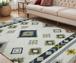 HomeRoots 5' Handmade Wool Tribal Flatweave Area Rug in Ivory, Blue, and Gray with Stylish Fringed Edges 5' X 8' 571100