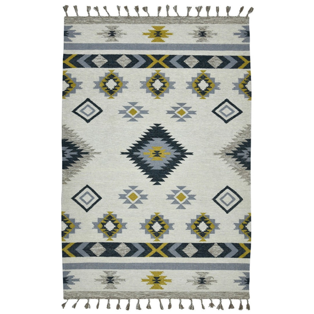 HomeRoots 5' Handmade Wool Tribal Flatweave Area Rug in Ivory, Blue, and Gray with Stylish Fringed Edges 5' X 8' 571100