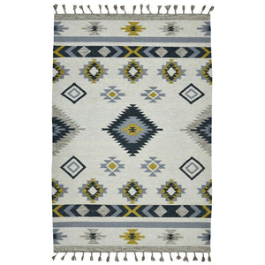 HomeRoots 5' Handmade Wool Tribal Flatweave Area Rug in Ivory, Blue, and Gray with Stylish Fringed Edges 5' X 8' 571100