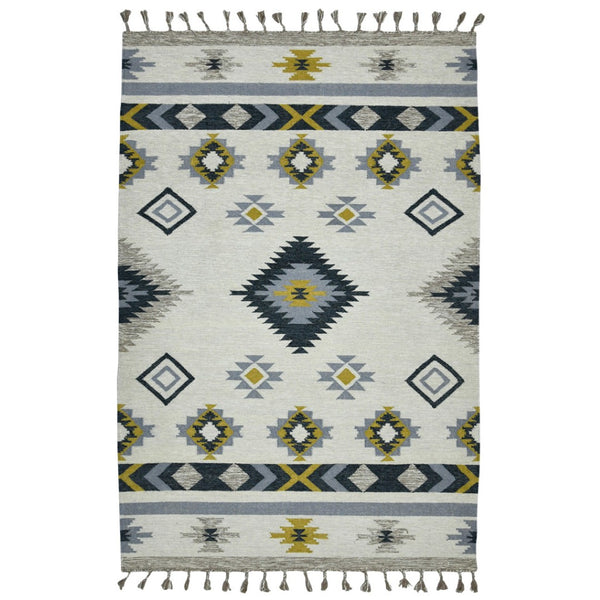 HomeRoots 5' Handmade Wool Tribal Flatweave Area Rug in Ivory, Blue, and Gray with Stylish Fringed Edges 5' X 8' 571100