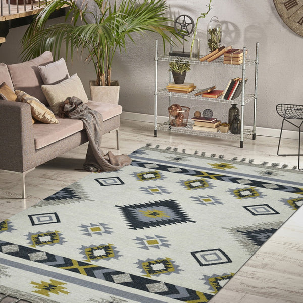 HomeRoots 5' Handmade Wool Tribal Flatweave Area Rug in Ivory, Blue, and Gray with Stylish Fringed Edges 5' X 8' 571100
