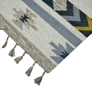 HomeRoots 5' Handmade Wool Tribal Flatweave Area Rug in Ivory, Blue, and Gray with Stylish Fringed Edges 5' X 8' 571100