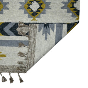 HomeRoots 5' Handmade Wool Tribal Flatweave Area Rug in Ivory, Blue, and Gray with Stylish Fringed Edges 5' X 8' 571100