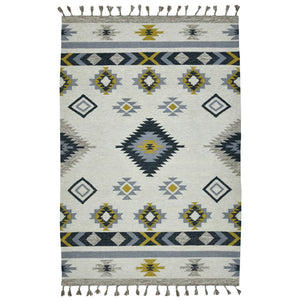 HomeRoots 5' Handmade Wool Tribal Flatweave Area Rug in Ivory, Blue, and Gray with Stylish Fringed Edges 5' X 8' 571100