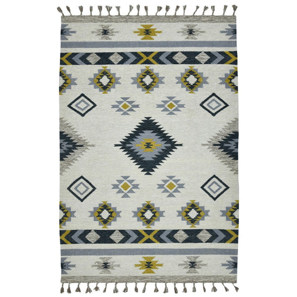 HomeRoots 5' Handmade Wool Tribal Flatweave Area Rug in Ivory, Blue, and Gray with Stylish Fringed Edges 5' X 8' 571100