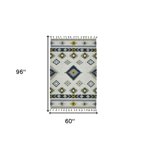 HomeRoots 5' Handmade Wool Tribal Flatweave Area Rug in Ivory, Blue, and Gray with Stylish Fringed Edges 5' X 8' 571100