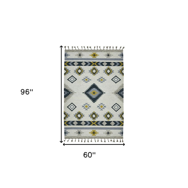 HomeRoots 5' Handmade Wool Tribal Flatweave Area Rug in Ivory, Blue, and Gray with Stylish Fringed Edges 5' X 8' 571100