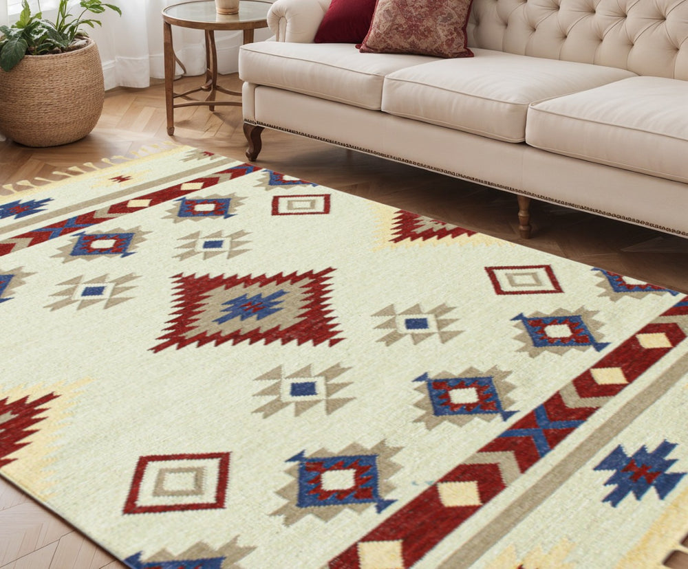 HomeRoots 5' Handwoven Wool Tribal Flatweave Area Rug in Rich Red, Blue & Beige with Fringed Ends 5' X 8' 571102