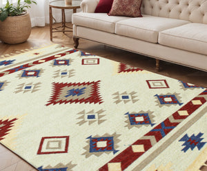 HomeRoots 5' Handwoven Wool Tribal Flatweave Area Rug in Rich Red, Blue & Beige with Fringed Ends 5' X 8' 571102
