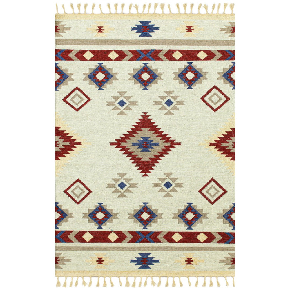 HomeRoots 5' Handwoven Wool Tribal Flatweave Area Rug in Rich Red, Blue & Beige with Fringed Ends 5' X 8' 571102