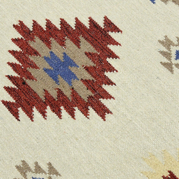 HomeRoots 5' Handwoven Wool Tribal Flatweave Area Rug in Rich Red, Blue & Beige with Fringed Ends 5' X 8' 571102