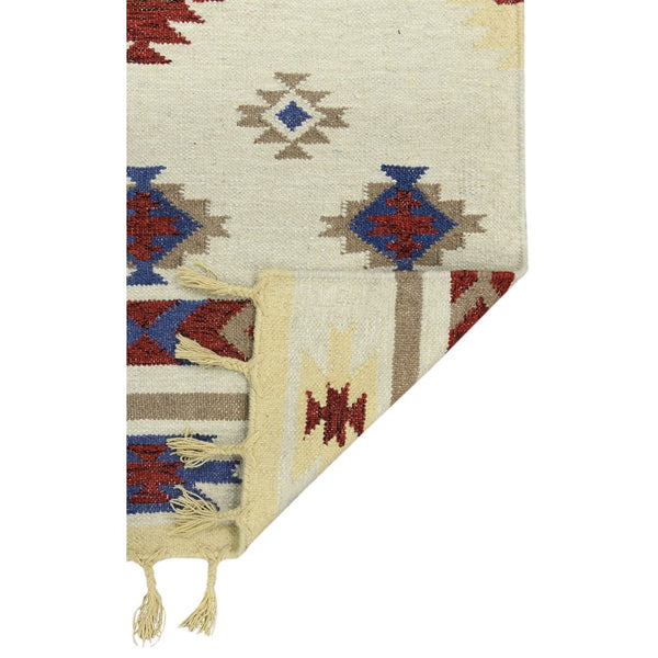 HomeRoots 5' Handwoven Wool Tribal Flatweave Area Rug in Rich Red, Blue & Beige with Fringed Ends 5' X 8' 571102