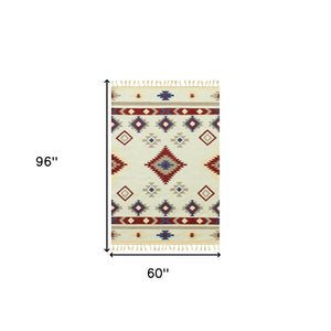 HomeRoots 5' Handwoven Wool Tribal Flatweave Area Rug in Rich Red, Blue & Beige with Fringed Ends 5' X 8' 571102