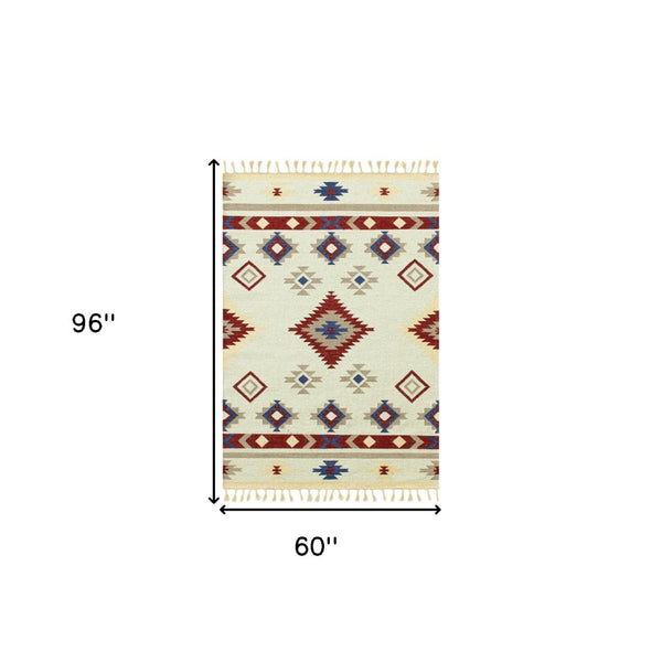 HomeRoots 5' Handwoven Wool Tribal Flatweave Area Rug in Rich Red, Blue & Beige with Fringed Ends 5' X 8' 571102