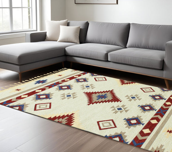 HomeRoots 5' Handwoven Wool Tribal Flatweave Area Rug in Rich Red, Blue & Beige with Fringed Ends 9' X 12' 571104