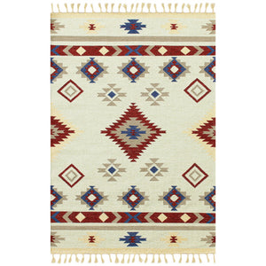 HomeRoots 5' Handwoven Wool Tribal Flatweave Area Rug in Rich Red, Blue & Beige with Fringed Ends 9' X 12' 571104