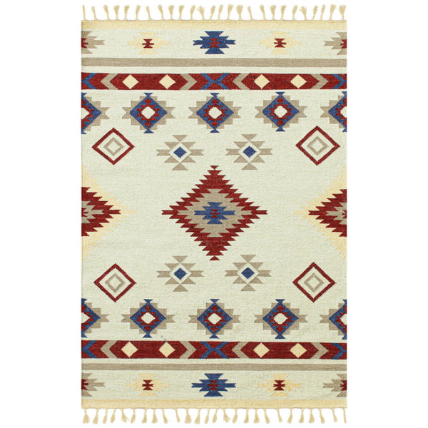 HomeRoots 5' Handwoven Wool Tribal Flatweave Area Rug in Rich Red, Blue & Beige with Fringed Ends 9' X 12' 571104