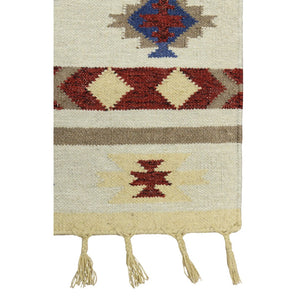HomeRoots 5' Handwoven Wool Tribal Flatweave Area Rug in Rich Red, Blue & Beige with Fringed Ends 9' X 12' 571104