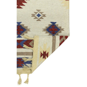 HomeRoots 5' Handwoven Wool Tribal Flatweave Area Rug in Rich Red, Blue & Beige with Fringed Ends 9' X 12' 571104