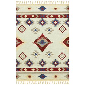 HomeRoots 5' Handwoven Wool Tribal Flatweave Area Rug in Rich Red, Blue & Beige with Fringed Ends 9' X 12' 571104