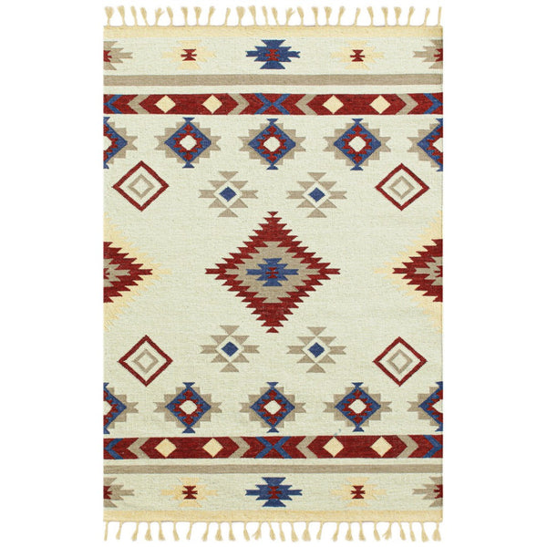 HomeRoots 5' Handwoven Wool Tribal Flatweave Area Rug in Rich Red, Blue & Beige with Fringed Ends 9' X 12' 571104