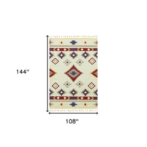 HomeRoots 5' Handwoven Wool Tribal Flatweave Area Rug in Rich Red, Blue & Beige with Fringed Ends 9' X 12' 571104
