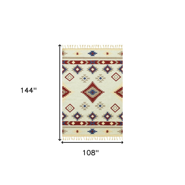 HomeRoots 5' Handwoven Wool Tribal Flatweave Area Rug in Rich Red, Blue & Beige with Fringed Ends 9' X 12' 571104