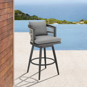 Homeroots 37" Gray Metal Swivel Outdoor Counter Height Bar Chair With Footrest   571163