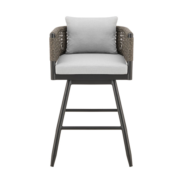 Homeroots 35" Light Gray Metal Swivel Low Back Outdoor Counter Height Bar Chair With Footrest   571164